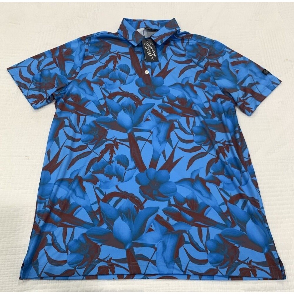 Sunday Swagger Men's Hawaiian Floral Polo Short Sleeve Collared Blue M